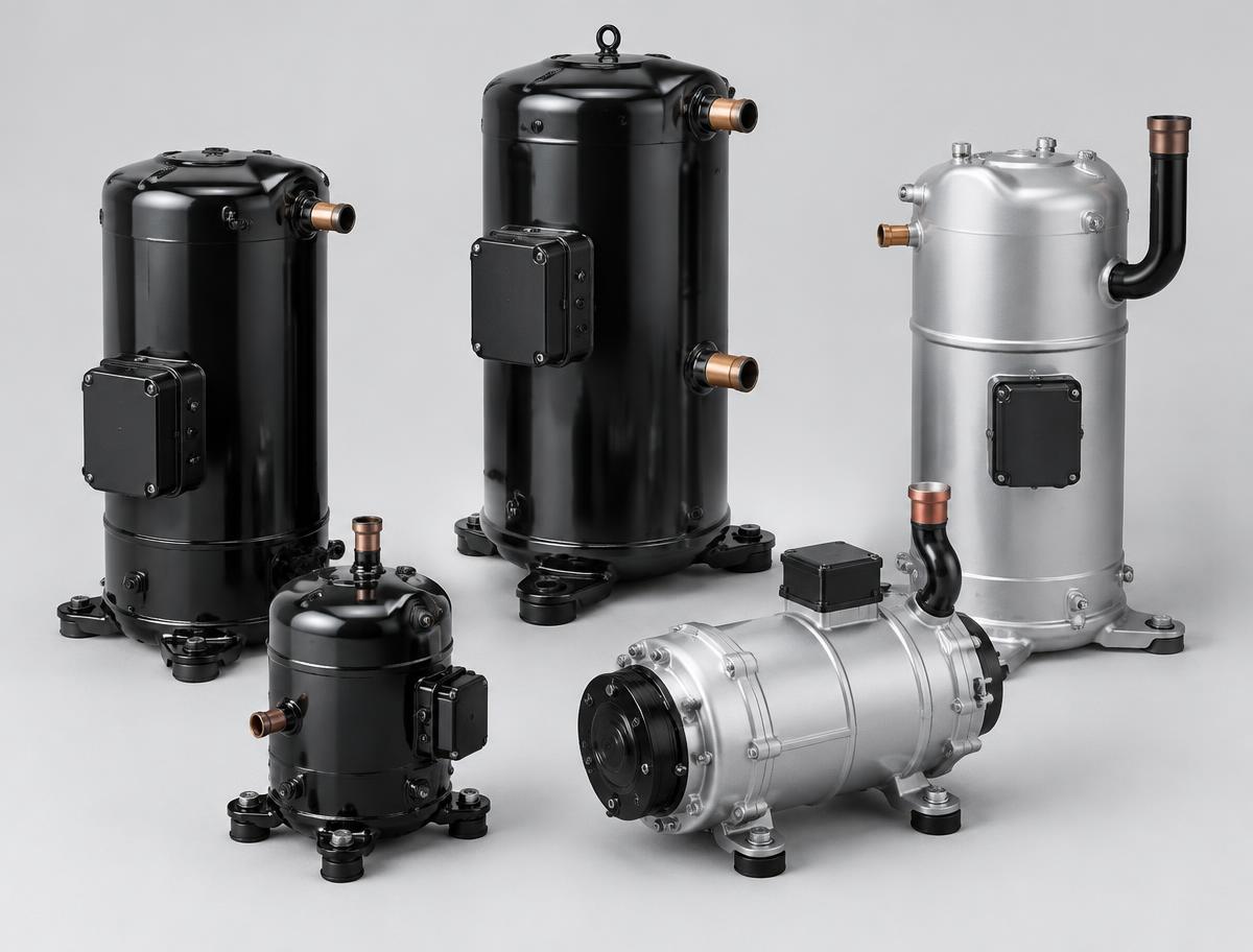 Black and silver air-conditioning compressors in several sizes