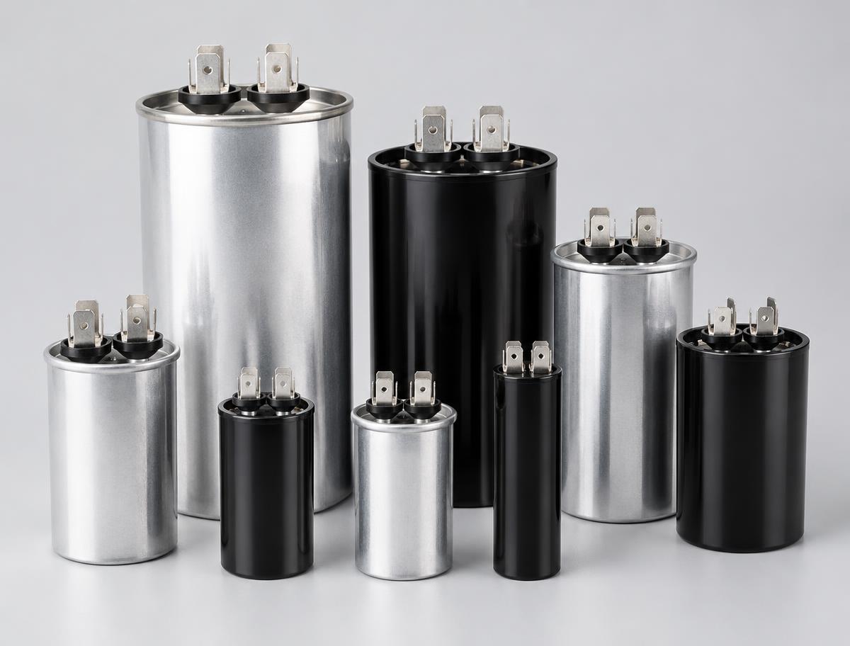 Silver and black capacitors in different sizes