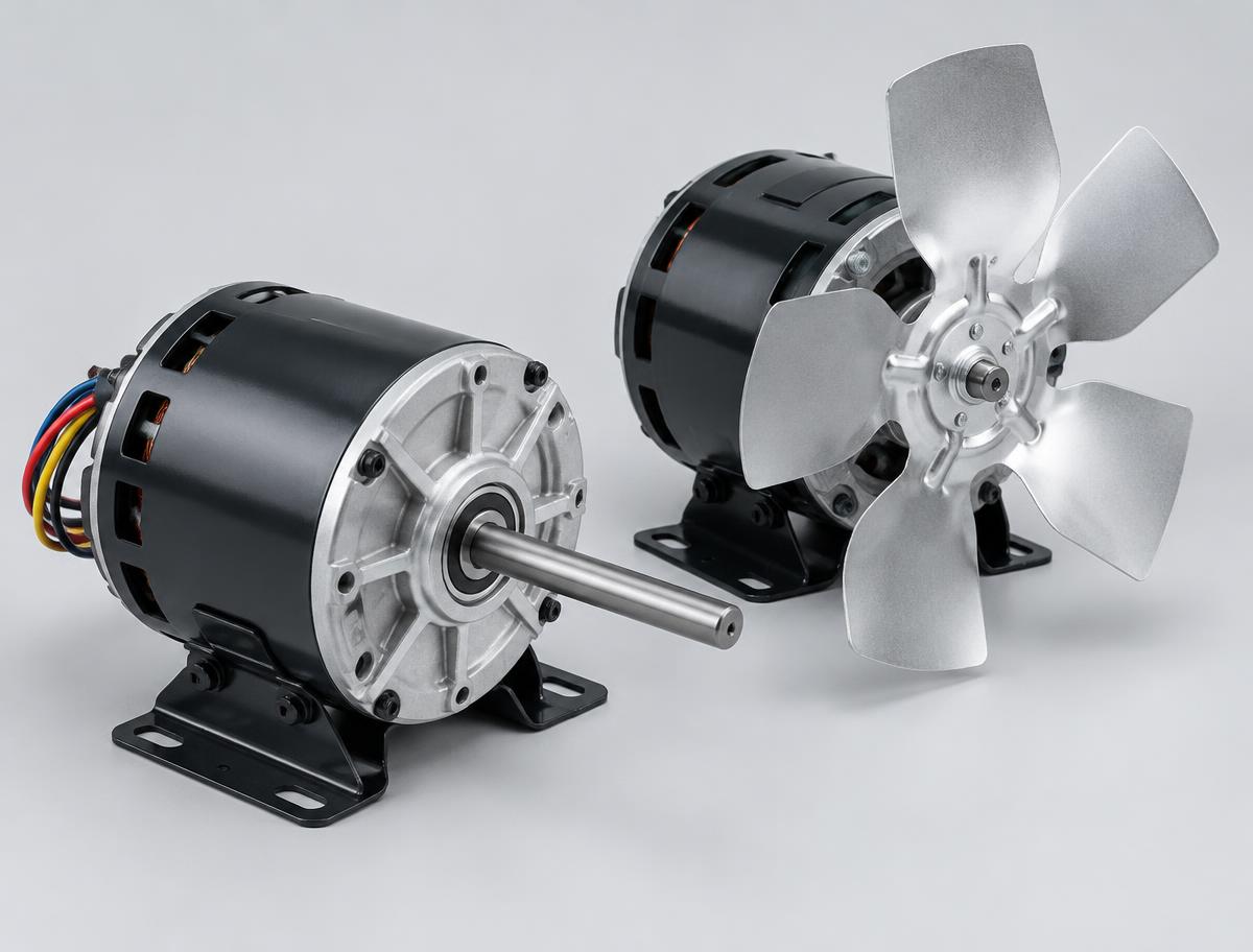 Two electric fan motors, one with a metal fan blade fitted