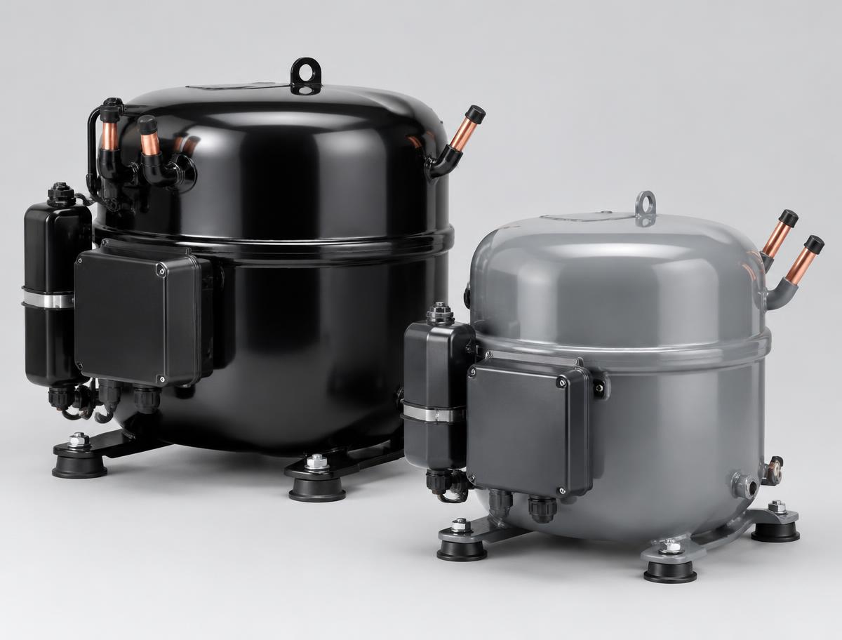Two sealed refrigeration compressors, one black and one grey