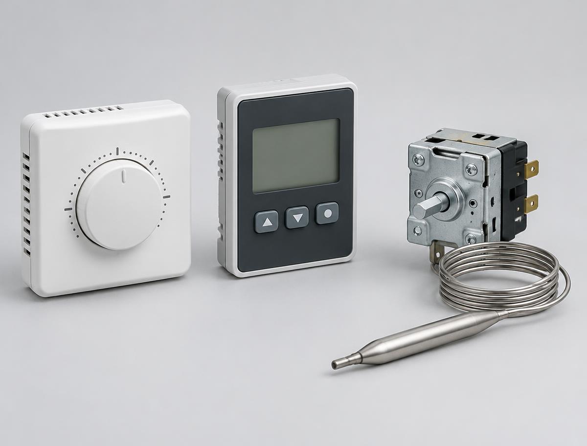 A dial thermostat, a digital controller and a capillary-tube thermostat